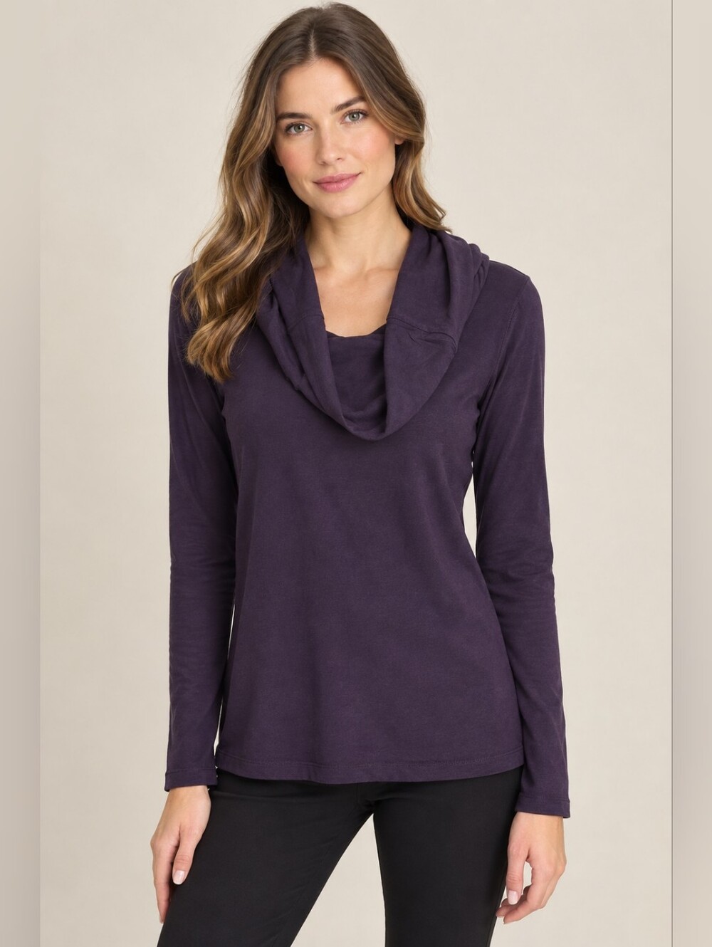 JACOB Purple Plum Cowl Neck Draped Long Sleeve Cotton Stretch Top M